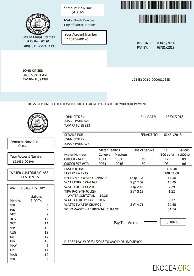 Usa Florida water utility bill template in word and pdf format template